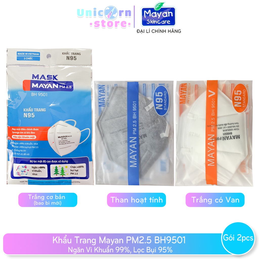 Gói 2 Miếng Khẩu Trang Mayan N95 PM2.5 BH9501 Ngăn Vi Khuẩn 99%, Lọc Bụi 95%