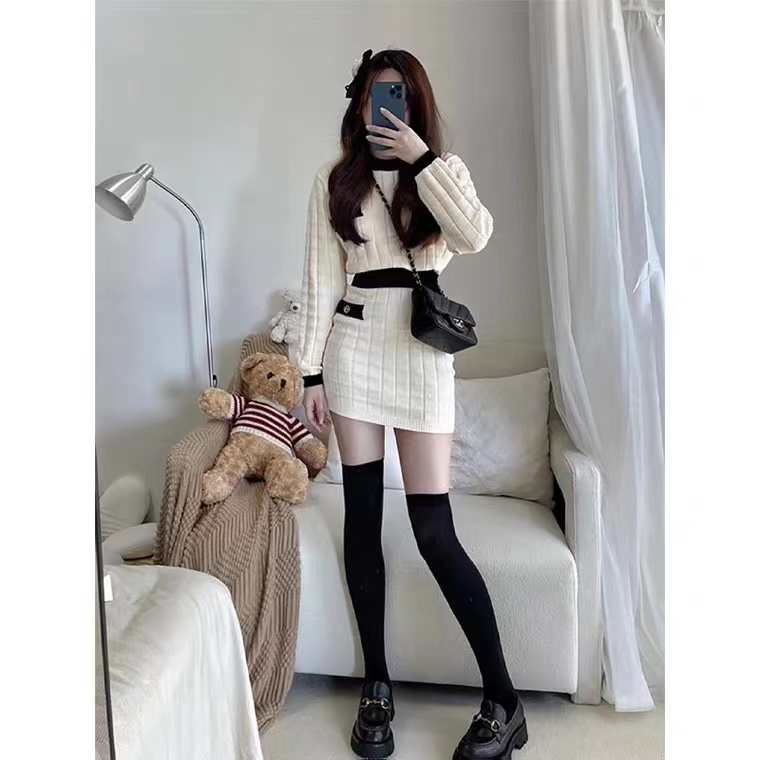 SUXI Bộ Áo Dệt Kim Dài Tay + Chân Váy Mini Thời Trang Hàn Quốc Trẻ Trung