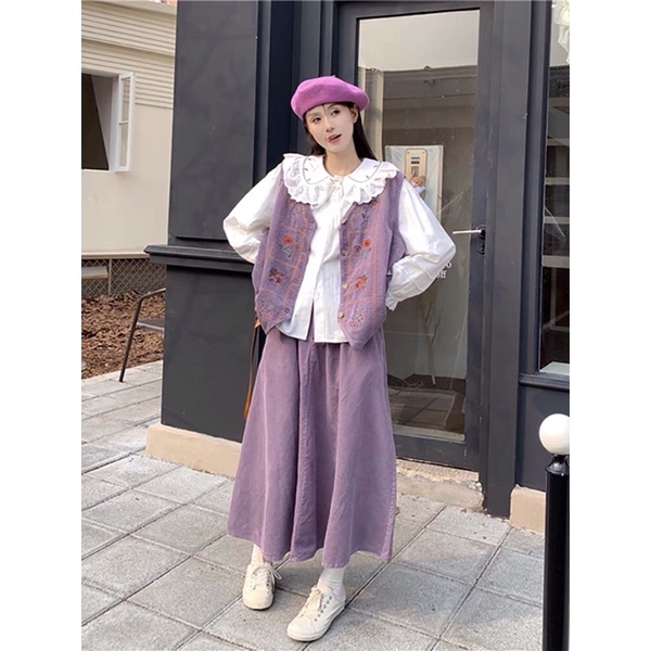 Set áo vest gile thêu vải nhung + chân váy dài + áo sơ mi dành cho nữ