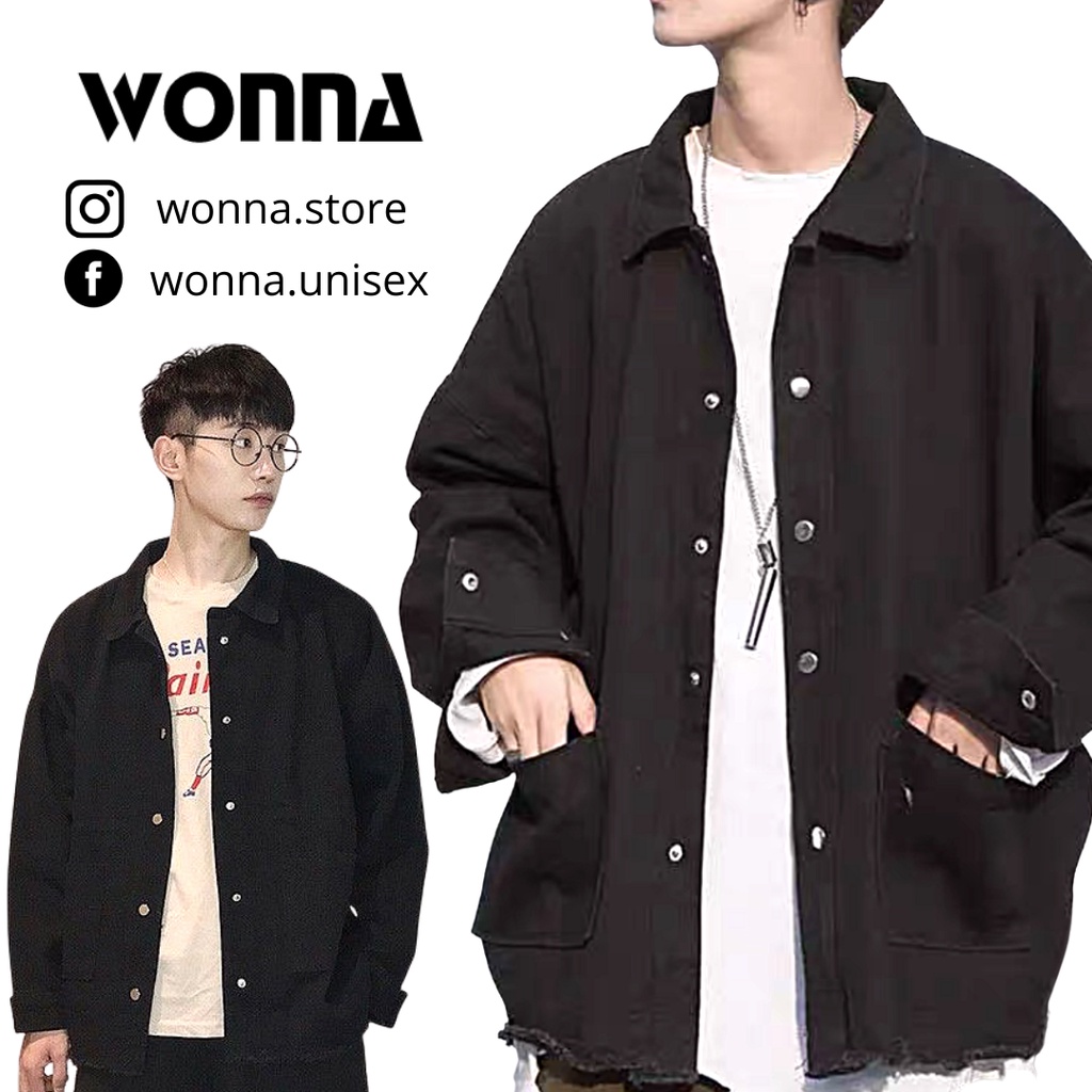 Áo khoác denim unisex sơ mi cổ thuyền tay dài jacket cho nam nữ Quảng Châu basic nút bấm màu xanh rêu đen