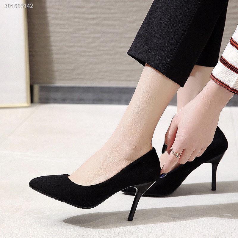 Giày cao gót da lộn mũi nhọn màu đen 5cm 7cm thời trang thu đông dễ phối đồ cho nữ 2021