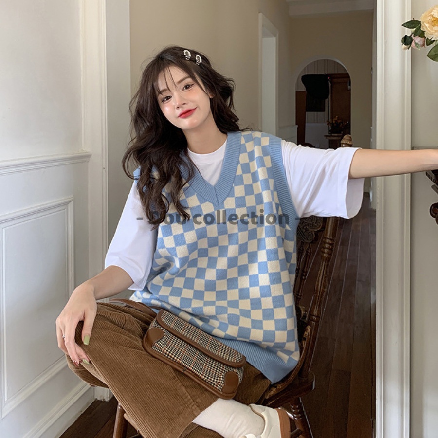 [Nowship2h] Áo gile Unisex họa tiết ô vuông vintage áo len không tay dáng xuông cá tính thời trang thu đông - mã TA010