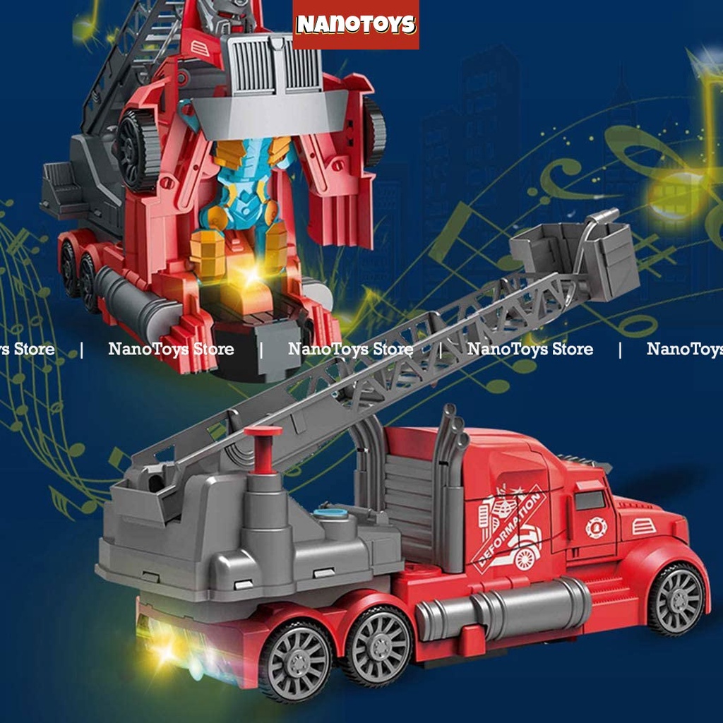 Đồ chơi xe cứu hoả phun nước biến hình Robot - có còi hụ, đèn, tránh chướng ngại vật - tặng kèm pin - NANOTOYS STORE