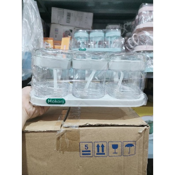 Bộ 3 hủ nhựa đựng gia vị HOKORI Việt Nhật - lọ đựng thực phẩm có muỗng và khay