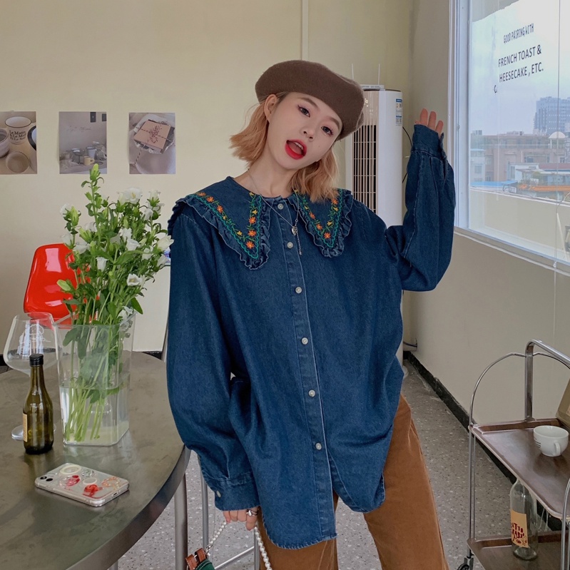 Hàng Mới Về Mới Áo Khoác Denim Cổ Búp Bê Thêu Hoa Dáng Rộng Thời Trang Mùa Xuân 2022 Cho Nữ