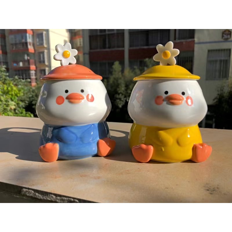 Cốc sứ hình chú vịt đáng yêu, ly sứ kèm thìa hoa cúc và ống hút thuỷ tinh