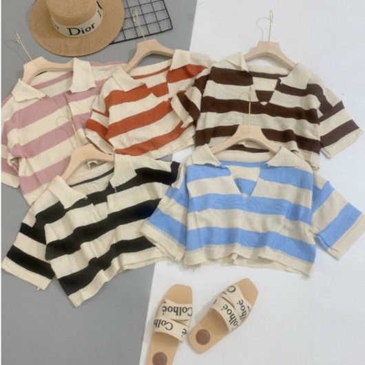 Áo croptop cổ bẻ khoét Quảng Châu kẻ sọc
