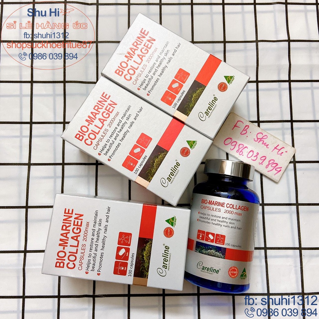 Collagen careline thủy sinh, bio marine collagen 2000max careline 100 viên úc, colagen đẹp da móng tóc, căng bóng da