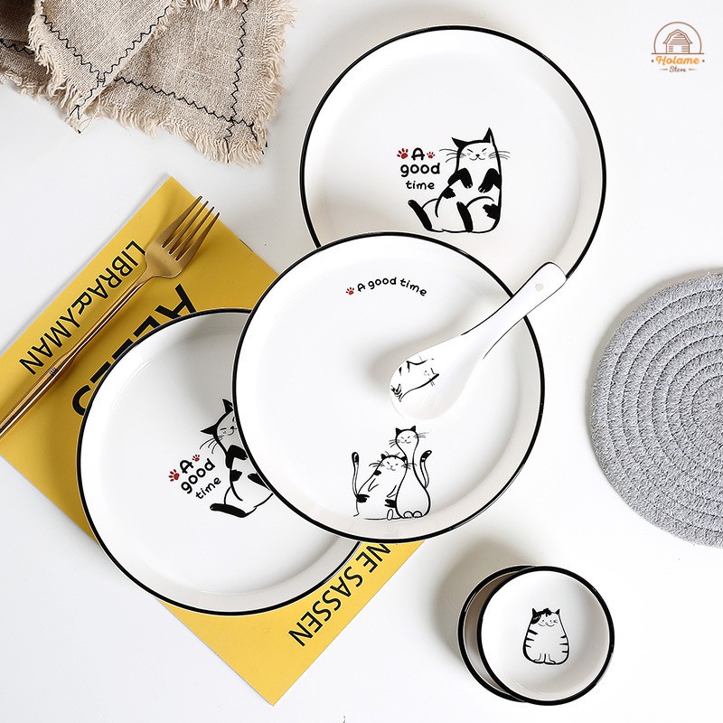 Đồ dùng bàn ăn , muỗng ăn cơm , muôi canh sứ họa tiết mèo Holame
