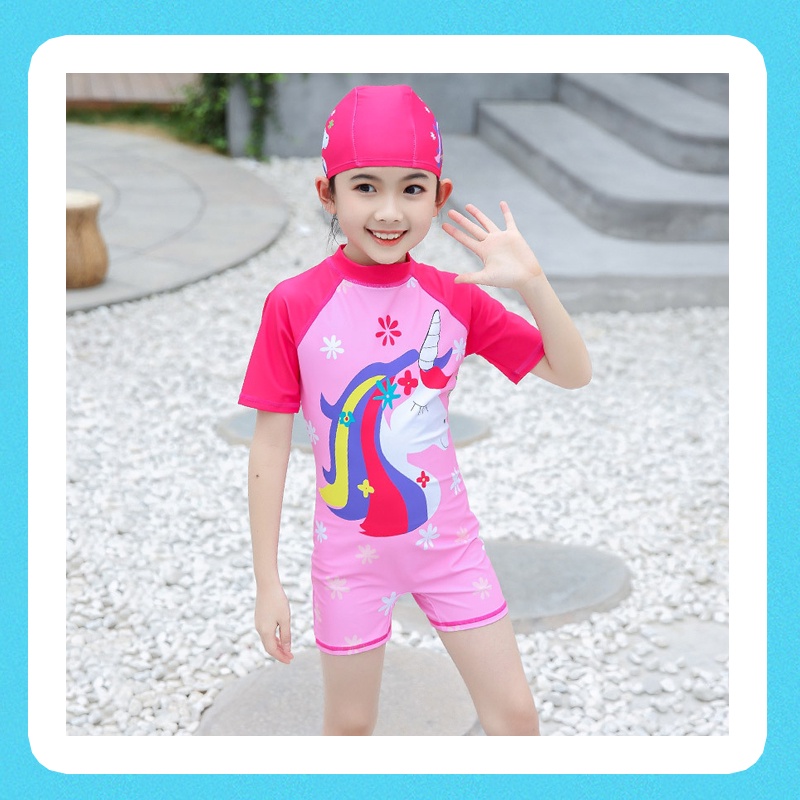 Bộ đồ bơi bé gái liền thân in hình Kỳ lân tuyệt đẹp, có size từ 4T - 14T, 16kg - 40kg [Kèm Mũ]