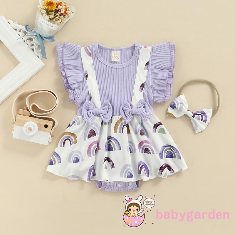 Bộ áo liền quần tay bèo in họa tiết và băng đô thời trang mùa hè xinh xắn dành cho bé gái