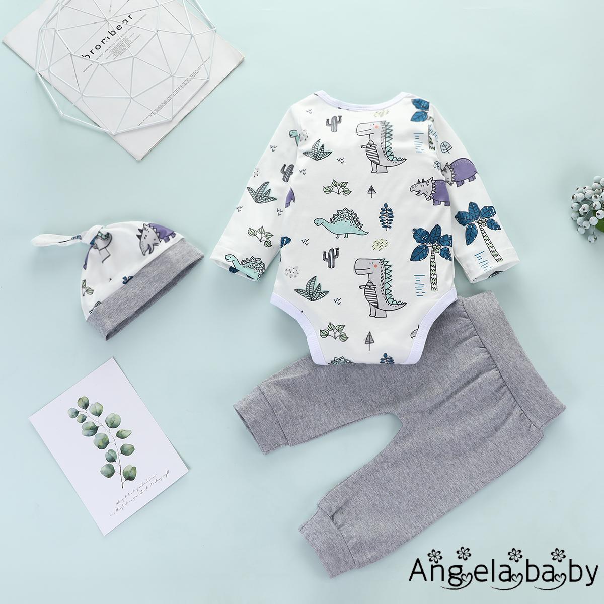Set Áo Liền Quần + Quần Dài + Mũ In Hình Khủng Long Cho Bé Trai