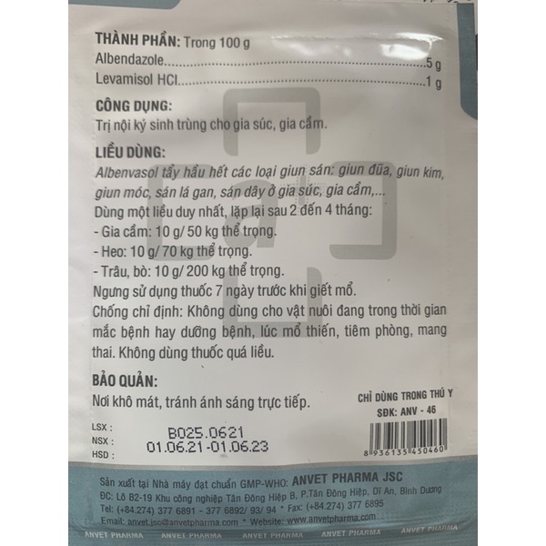 10g ALBENVASOL - diệt giun, sán trên gia cầm, heo, trâu, bò