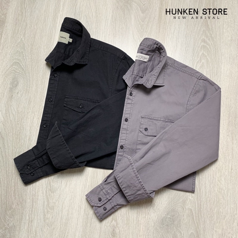 Áo sơ mi kaki nam NEW SS21 có túi basic cool ngầu Sơ mi denim trơn tay dài Đen Xám vải chinos đẹp ít nhăn | HunKen Store