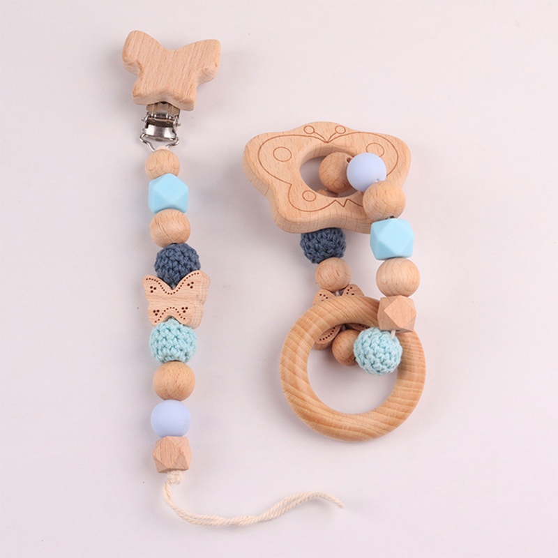 Bộ 2 Đồ Chơi Vòng Tay Lục Lạc Gỗ Phối Chuỗi Xích Gắn Núm Vú Giả Dễ Thương Cho Bé Mọc Răng