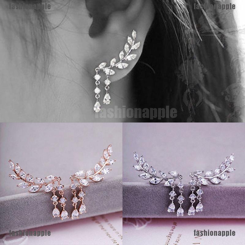 Bông tai hợp kim hình lá đính đá xinh xắn