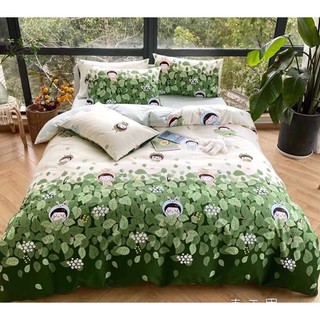 Bộ chăn ga gối drap giường chất cotton poly họa tiết omber lá xanh