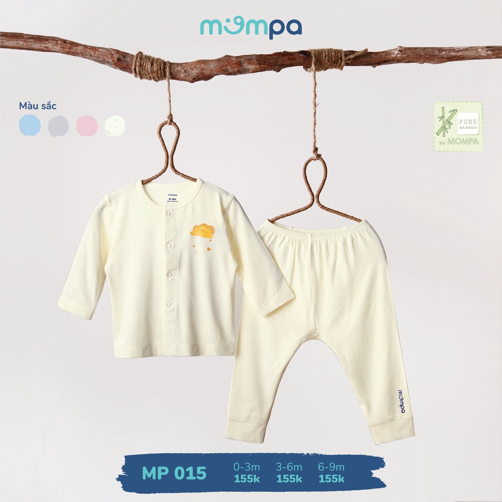 Bộ quần áo sơ sinh dài tay 4 mùa Mompa 0-9 tháng vải sợi tre Bamboo mềm mịn co giãn thấm hút thoáng da cúc giữa 014 015