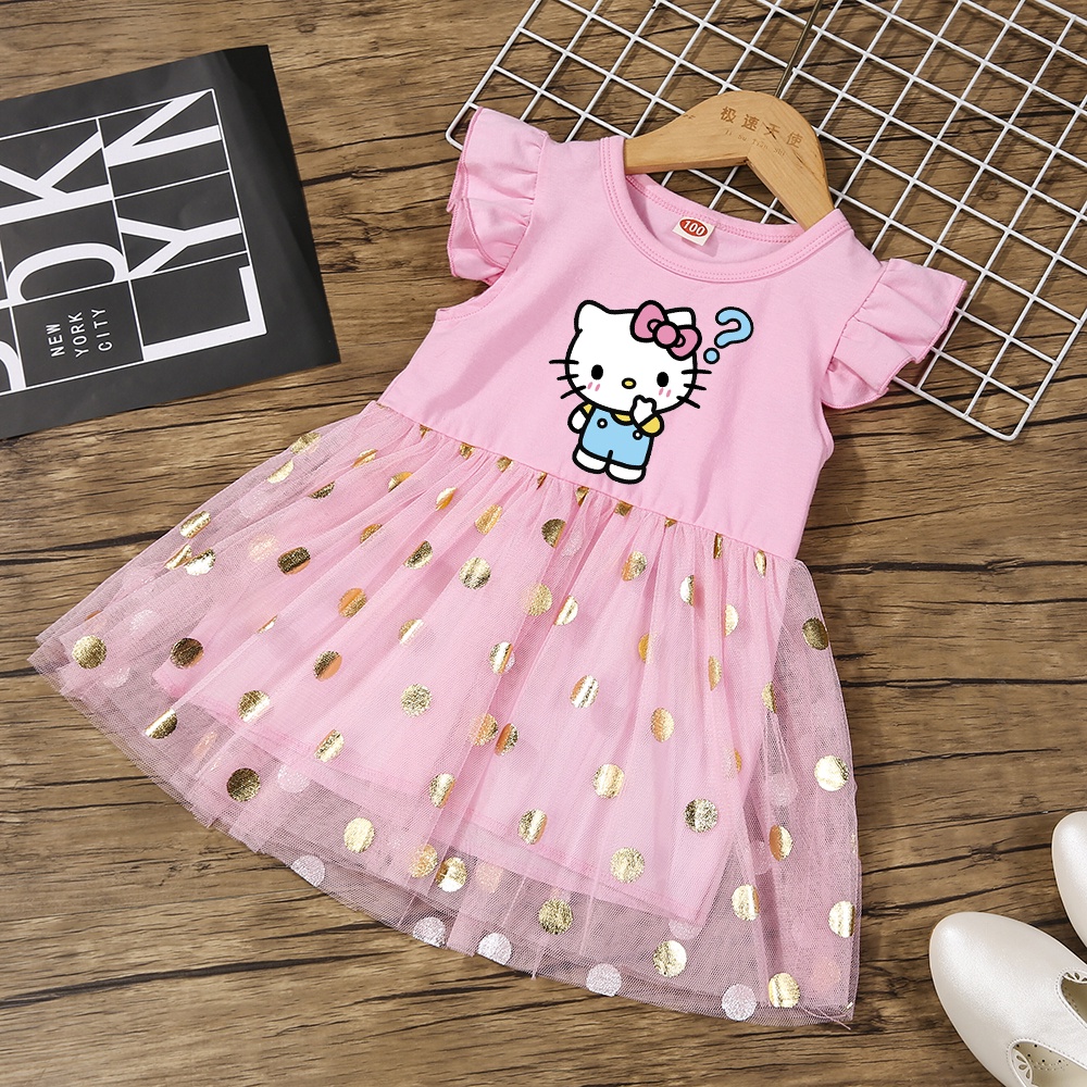 Đầm Công Chúa Phối Lưới In Họa Tiết Mèo kitty Dễ Thương Thời Trang Dự Tiệc Cưới Cho Bé Gái