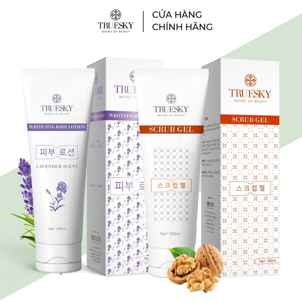 Bộ sản phẩm dưỡng trắng body Truesky VIP13 gồm 1 kem dưỡng trắng body lavender 100ml & 1 gel tẩy tế bào chết 100ml