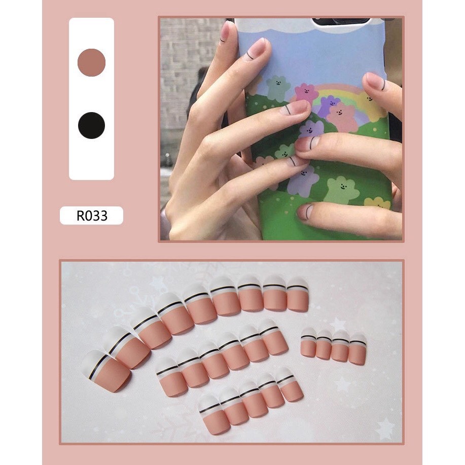 Set 24 móng tay giả họa tiết 3D cao cấp kèm keo dán họa tiết  hồng kẻ đen 033