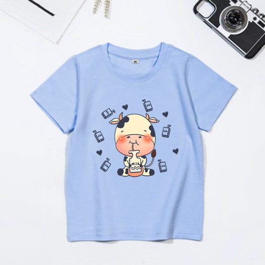 áo thun cotton day mịn cho bé trai bé gái-áo thun ngắn tay họa tiết bò sữa vui nhộn