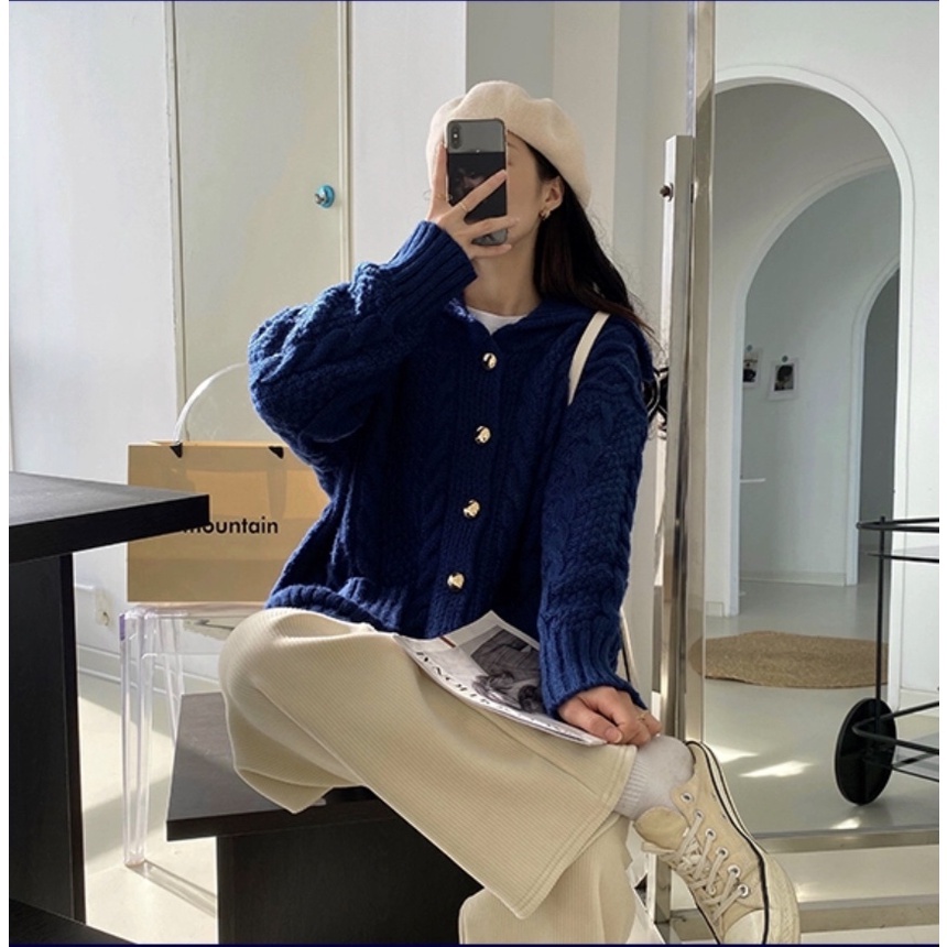 Áo khoác cardigan Forgirl len bện cổ bẻ phối túi