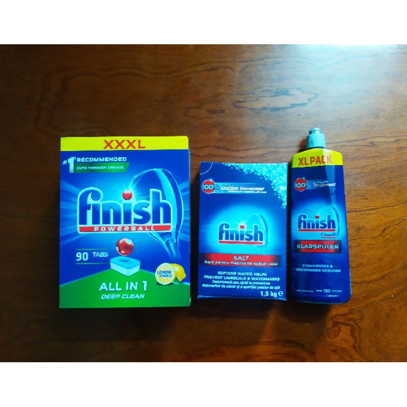 Combo Finish cho máy rửa bát: Viên rửa + Muối + Nước bóng