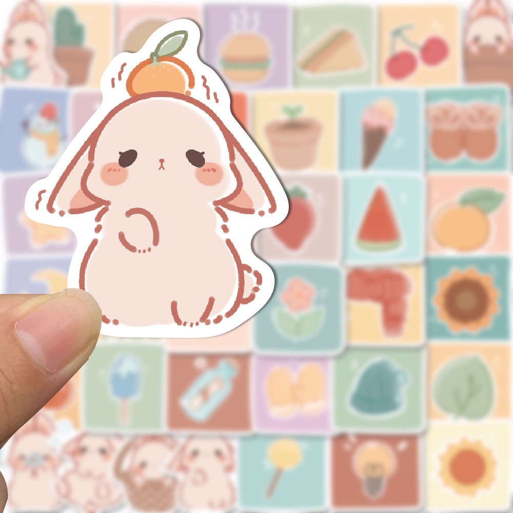 Set 50 chiếc sticker chống thấm nước THỎ HỒNG DỄ THƯƠNG ÔM CÀ RỐT dán mũ bảo hiểm, laptop, vali, đàn