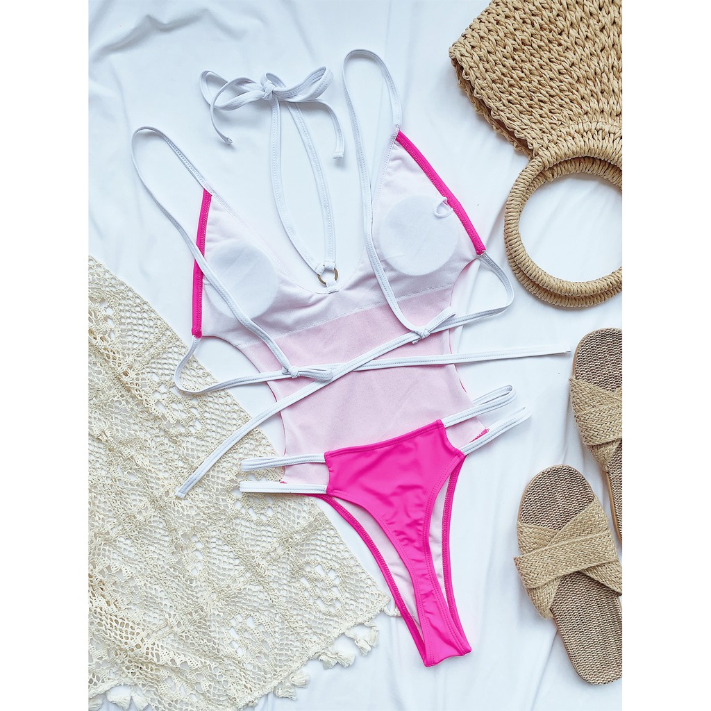 [BKN1351] &lt;ÂU&gt; BODYSUIT HỒNG DÂY TRẮNG CUTOUT QUẦN THONG/LỌT KHE