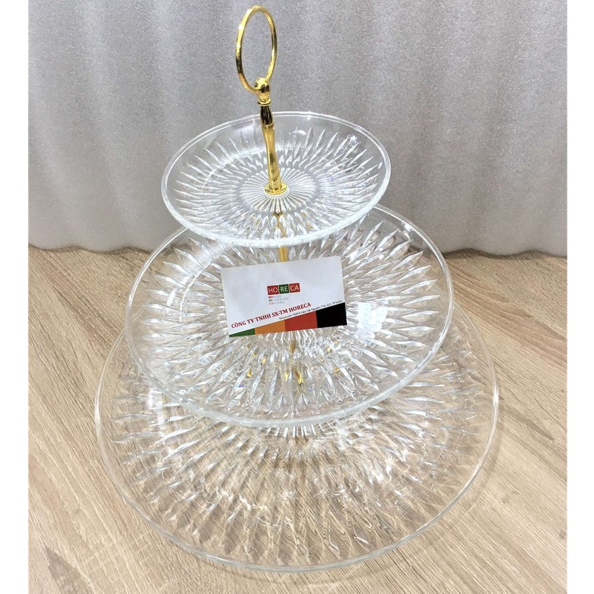 Kệ trưng bày trái cây, bánh kẹo 3 tầng, họa tiết hoa sen, pha lê, khay trang trí