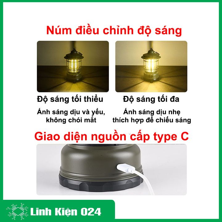 Đèn pin sách tay để bàn dùng cắm trại có móc treo đèn báo bão điều chỉnh độ sáng