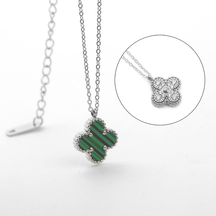 Dây chuyền nữ titan hoa L V 4 cánh đính đá mặt xanh siêu đẹp, bền màu, chuẩn thời trang