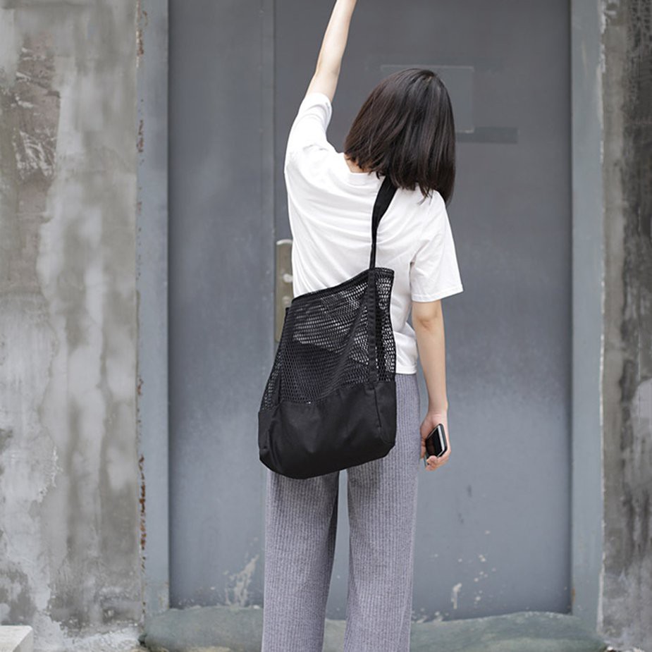 Túi đeo vai vải lưới canvas khoét lỗ sức chứa lớn đi mua sắm thời trang