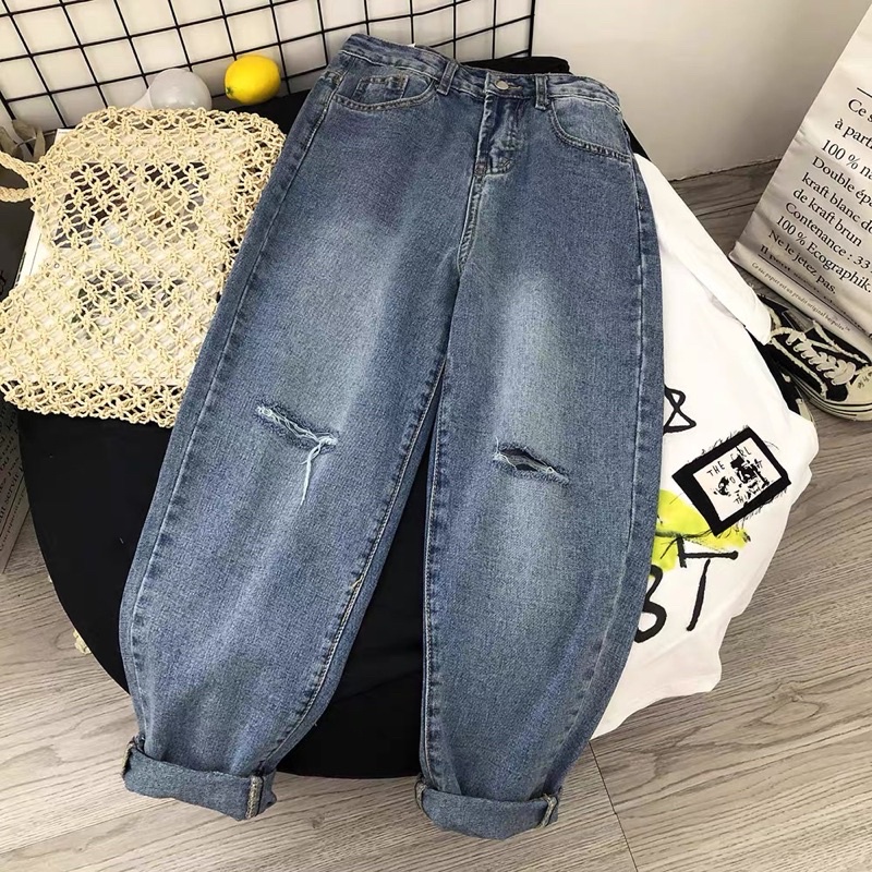 Quần Baggy Jean Rách Gối Nữ Có Bigsize Lưng Cao