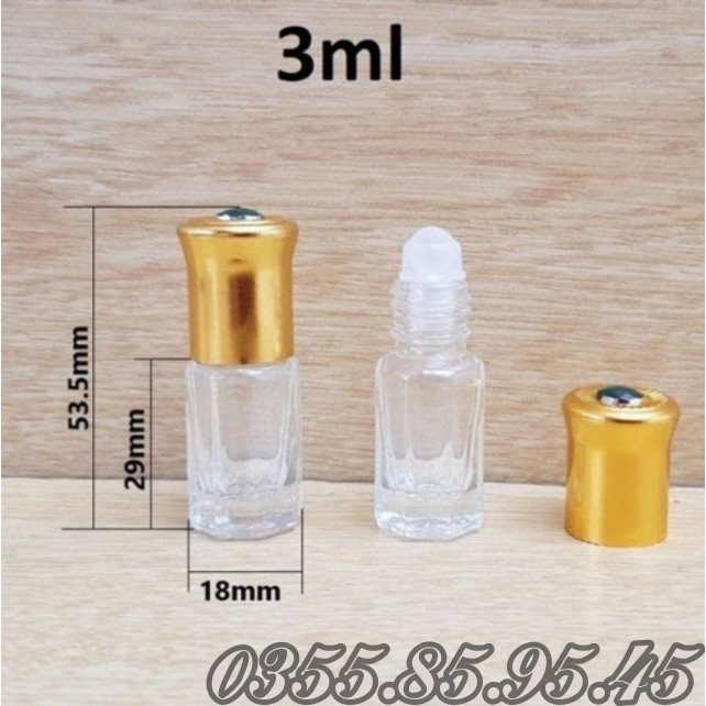 Vỏ chai Bi lăn Dubai thủy tinh 3ml 6ml 12ml thân Ruby, nắp vàng đính ngọc - Lọ đựng nước hoa, chiết mỹ phẩm du lịch.