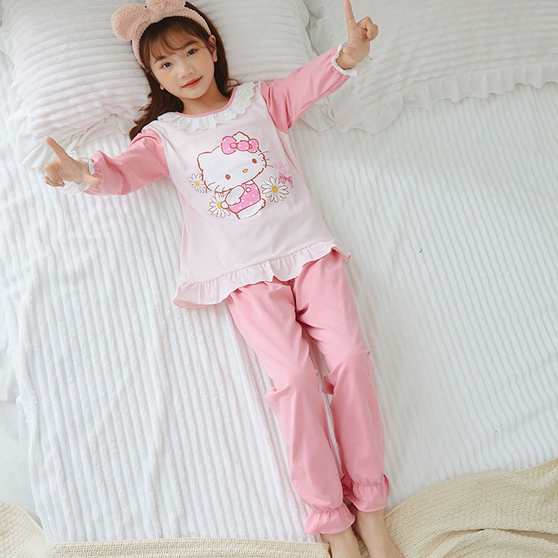 Bộ Đồ Ngủ Cotton Tay Dài Cổ Tròn In Họa Tiết Hoạt Hình Dễ Thương Cho Bé Gái