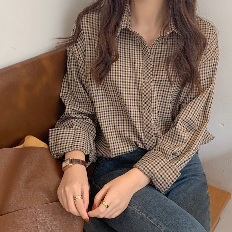 Áo Sơ Mi Caro Tay Dài Thời Trang Retro Cho Nữ