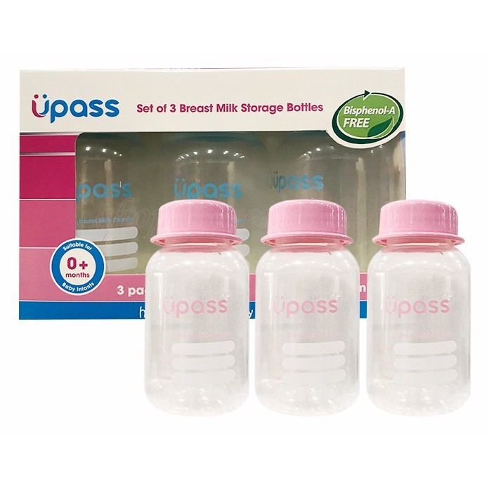 (Made in Thailand) Bộ 3 bình trữ sữa CỔ THƯỜNG (CỔ HẸP) 125ml Upass UP0030N ( Tặng 02 túi trữ sữa )