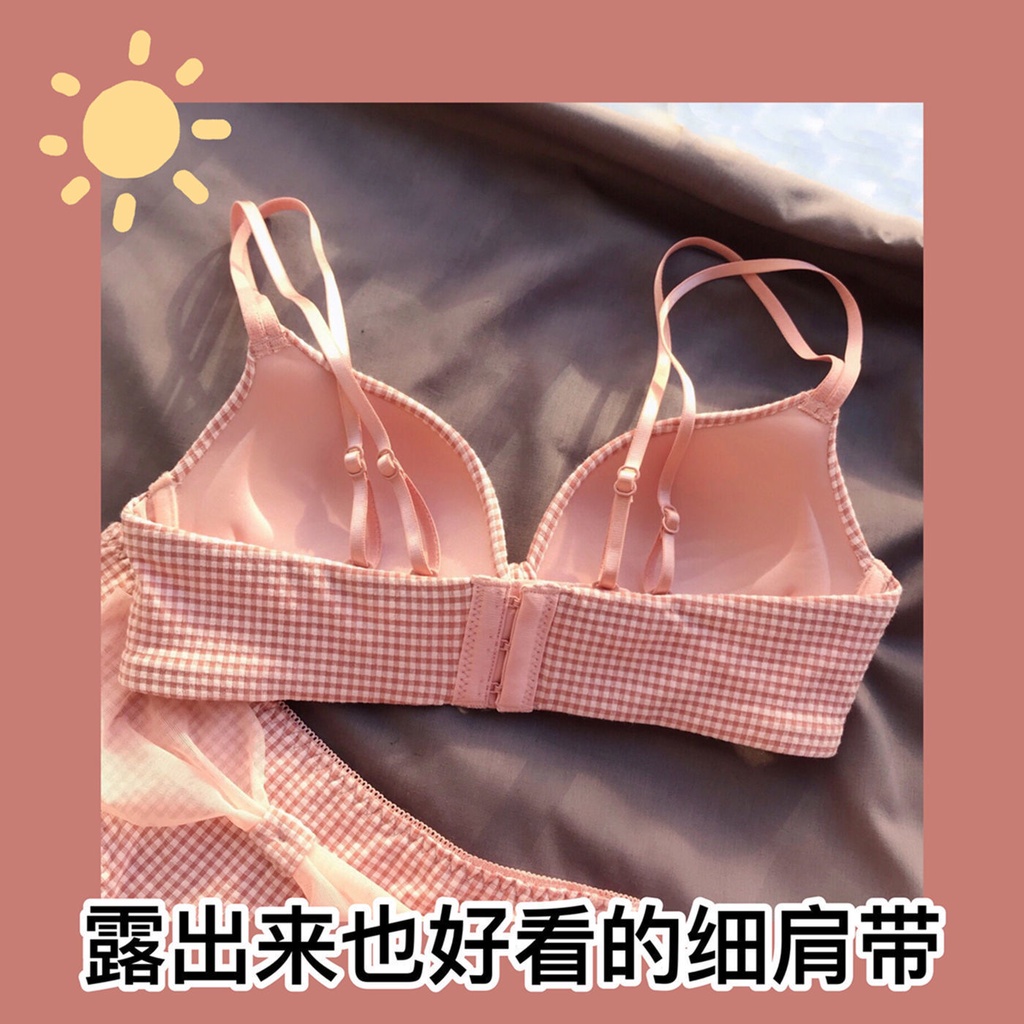 Bộ Đồ Lót Không Gọng Thép Họa Tiết Caro Sau Lưng Phong Cách Nhật Bản Dành Cho Nữ