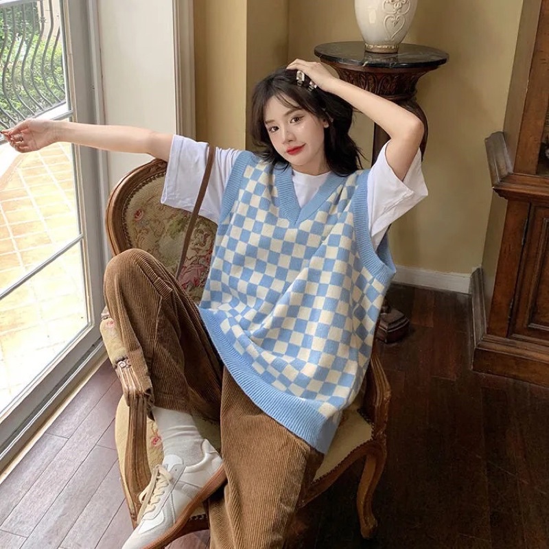 [CÓ SẴN] FORM TO áo len gi lê cổ tim hoạ tiết kẻ bàn cờ đối xứng | BigBuy360 - bigbuy360.vn