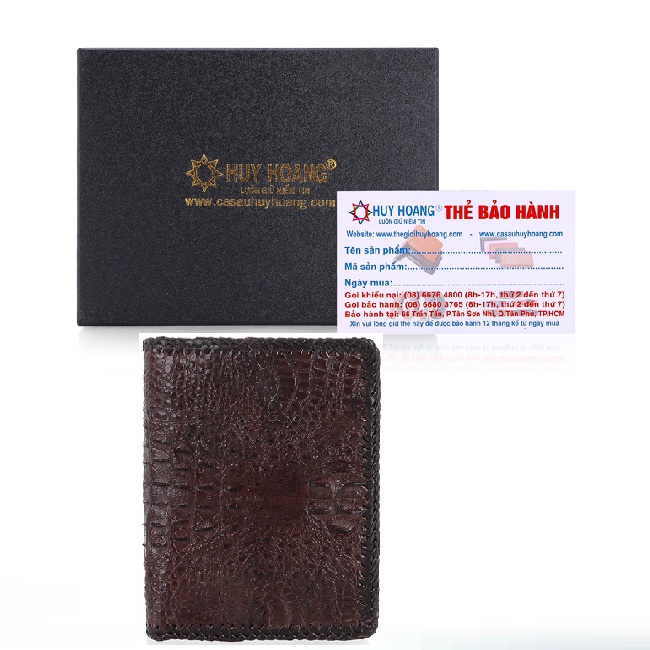 Ví nam Huy Hoàng da cá sấu nguyên con đan viền kiểu đứng màu đen, nâu đất, nâu đỏ HP2761-63-65
