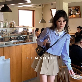 Áo sơ mi kẻ dáng croptop phối cổ /kemstudio