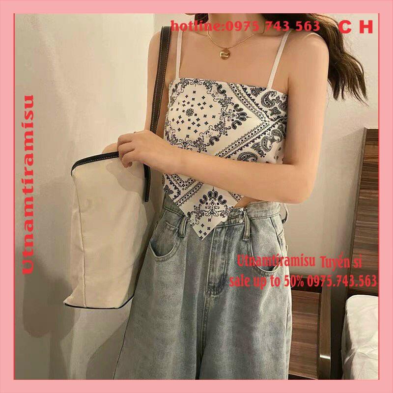 Áo 2 dây thổ cẩm Nữ ♥️ yếm  Bandana Hở Lưng Họa Tiết In Chất Bodip 2 Màu Đen/Trắng Vintage cá tính Ulzzang