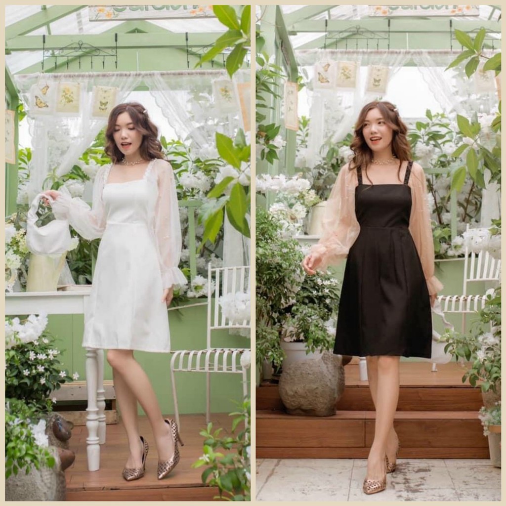 Đầm trắng/đen dự tiệc cổ vuông tay dài phồng dáng xoè