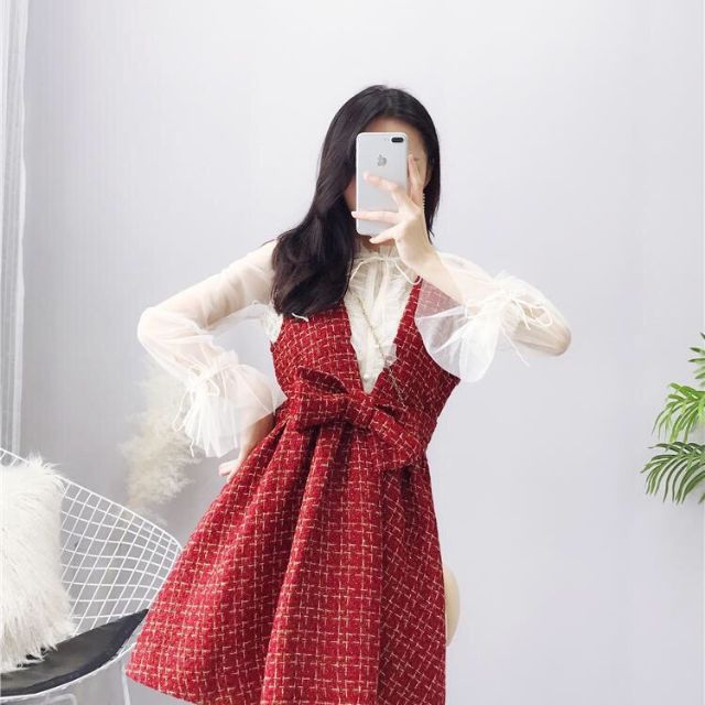 Sét Divi yếm nơ caro đỏ kèm áo voan trắng tay dài xinh xắn DG4563