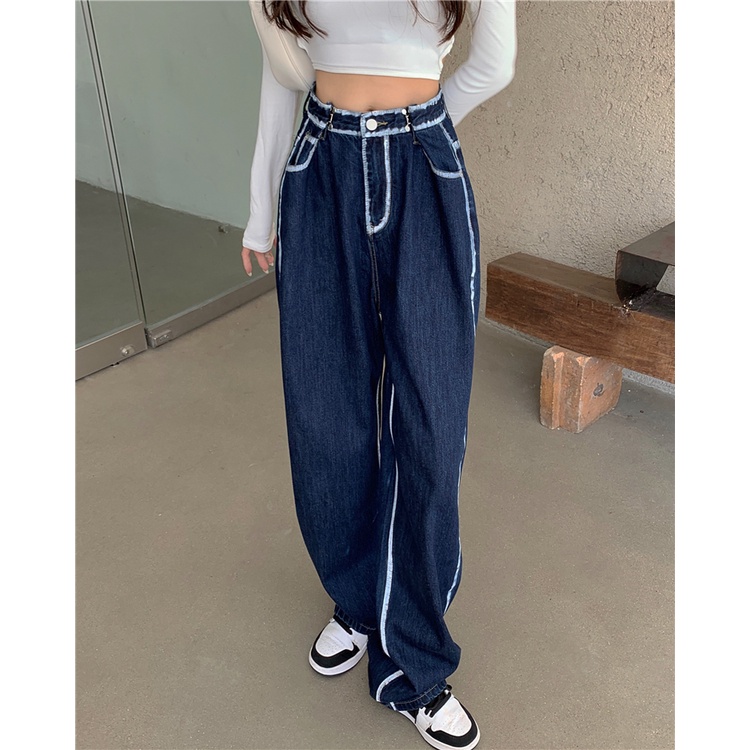 Quần denim Xanh Ống Rộng Lưng Cao Thiết Kế Mới Thời Trang Theo Phong Cách Mỹ Cho Nữ