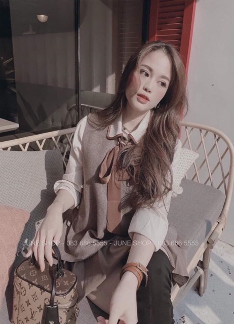 Set áo sơmi thắt nơ siêu xinh kèm áo gile dạ ngoài