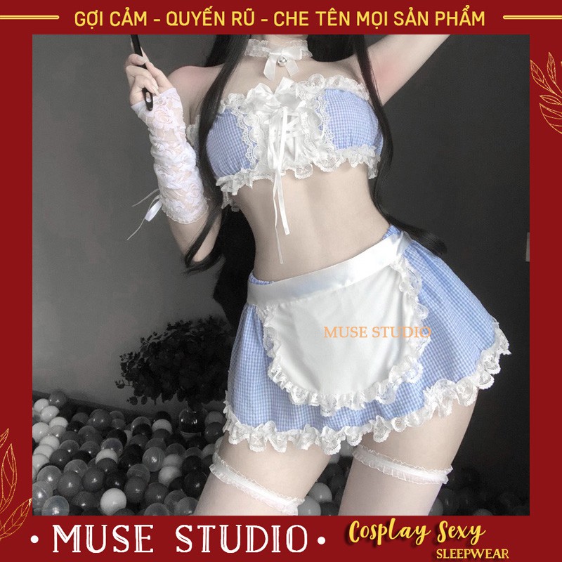 Đồ Ngủ Cosplay ✨𝑯𝑨̀𝑵𝑮 𝑪𝑨𝑶 𝑪𝑨̂́𝑷✨ Bộ Cosplay Hầu Gái Sexy Xanh Caro, Cosplay Cô Giúp Việc Gợi Cảm, Set 7 Món Cao Cấp