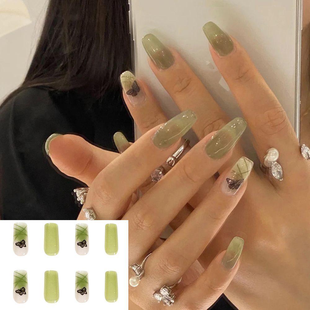 KAREN 24pcs/Box Matcha Butterfly Square Head False Nails Detachable Nail Tips Wearable Artificial Manicure Tool Full Cover Press On Nails Fake Nails